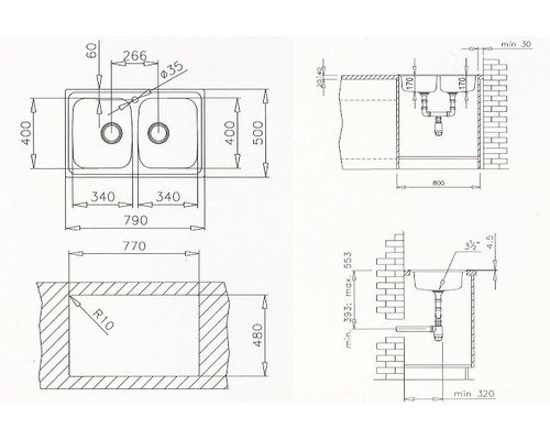 Desen tehnic al unei chiuvete duble cu dimensiuni pentru instalare