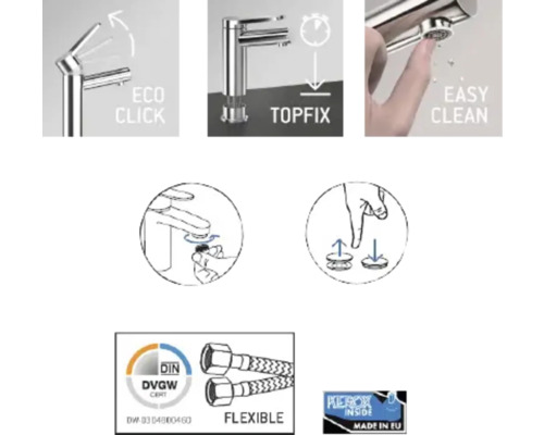 Caracteristici ale unei baterii de robinet: funcție Eco Click, sistem Topfix, curățare ușoară, furtunuri flexibile, certificare DIN DVGW și mecanism intern Kerox, fabricat în UE.