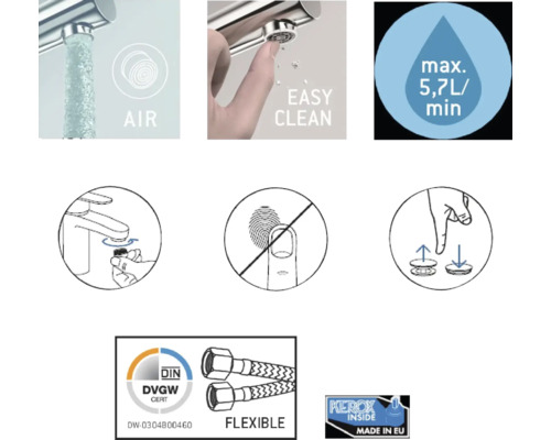 Caracteristici produs: amestec de aer, curățare ușoară, debit maxim 5,7 litri pe minut, acoperire anti-amprentă, furtunuri flexibile, certificare DGVW, fabricat în UE