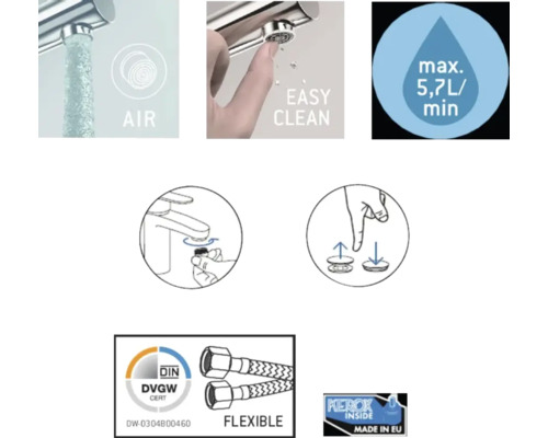 Caracteristicile produsului: aer, curățare ușoară, maximum 5,7 litri pe minut, sigiliul DVGWCERT, furtunuri flexibile, fabricat în UE