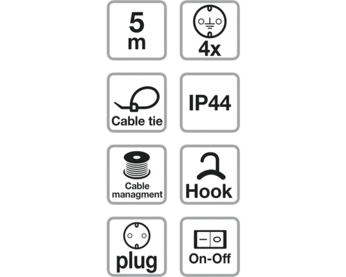Simboluri pentru: Lungime cablu cinci metri, priză quadruplă, legătură de cablu, clasă de protecție IP44, gestionare cablu, cârlig, fișă, comutator pornit-oprit