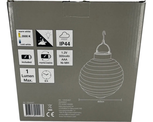 Ambalaj lampă solară cu date tehnice și ilustrații.