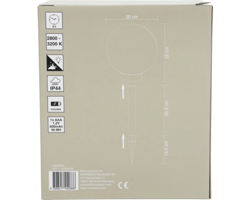 Lampă solară sferă cu LED RGBW Ø200 mm, culori interschimbabile