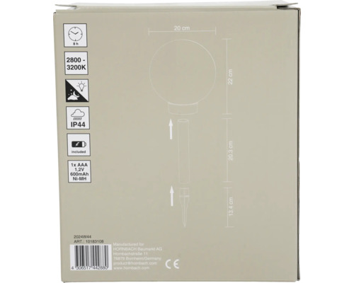 Ambalajul unei lămpi de grădină cu detalii despre produs și informații tehnice.