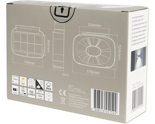 Ambalajul unei lămpi de perete solare cu LED cu detalii tehnice și dimensiuni