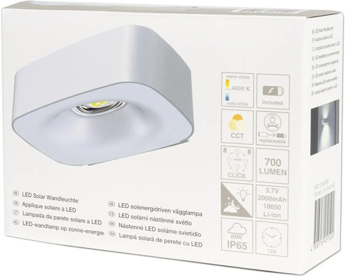 Ambalajul unei lămpi solare de perete cu LED cu detalii tehnice