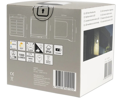 Ambalajul unei lămpi de perete solare cu LED cu detalii tehnice precum lumeni, grad de protecție IP54 și informații despre baterie