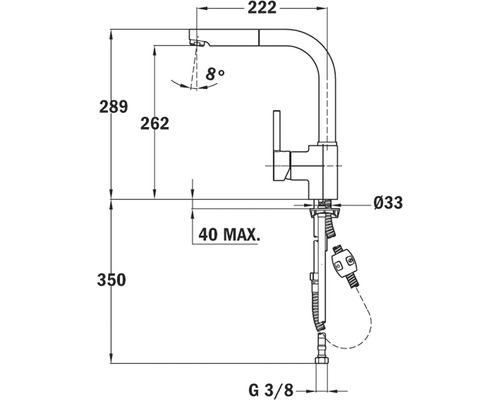 Desen tehnic al unui robinet de bucătărie cu dimensiuni