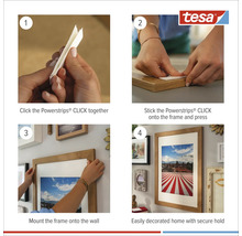 Instrucțiuni pentru utilizarea Tesa Powerstrips pentru a agăța rame foto pe perete