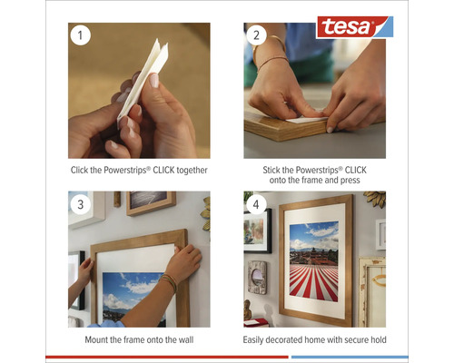 Instrucțiuni pentru utilizarea Tesa Powerstrips pentru a agăța rame foto pe perete