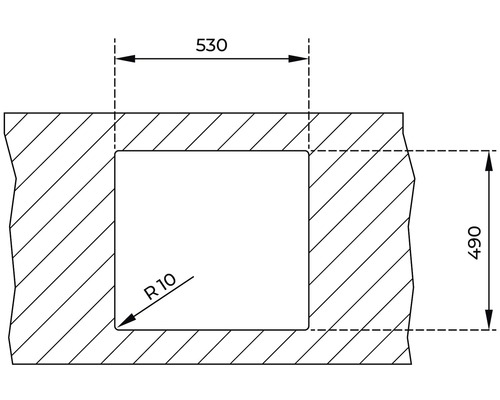 Ilustrație a unei decupări cu dimensiunile 530 x 490 mm și o rază de 10 mm