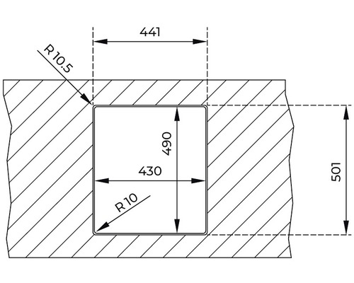 Desen tehnic al unei cavități dreptunghiulare cu dimensiuni.