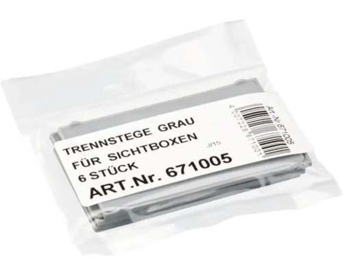 Șase separatoare gri pentru cutii vizibile într-un ambalaj.