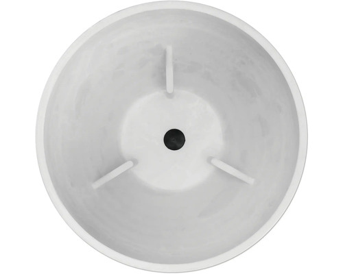 Vedere interioară a unui ghiveci rotund din plastic, cu orificiu de drenaj și distanțiere