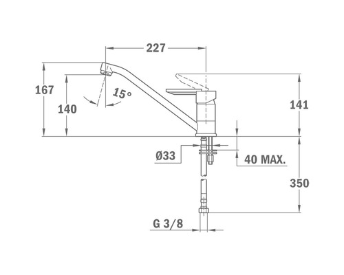 Desen tehnic al unei baterii de bucătărie cu dimensiuni