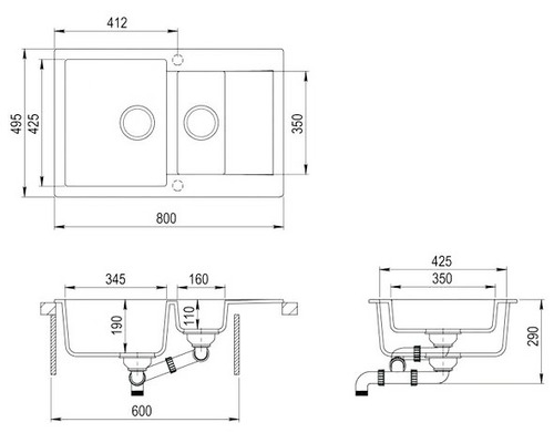 Desen tehnic al unei chiuvete de bucătărie cu dimensiuni.