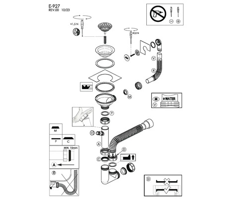 Diagram explodat al unui sistem de scurgere a chiuvetei cu diverse componente și instrucțiuni de instalare.