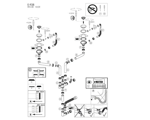 Schiță explodată a unei instalații sanitare cu diverse componente și instrucțiuni de asamblare