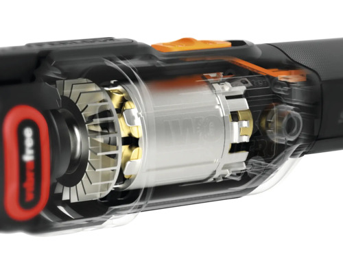 Vizualizare interioară a unui ciocan rotopercutor cu acumulator cu motor vizibil și control al vibrațiilor