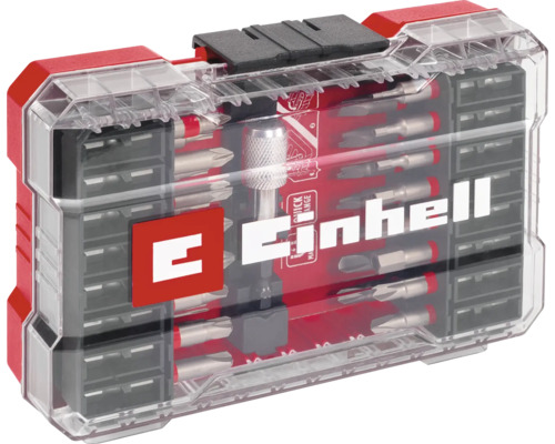 Logo Einhell. Set de biți cu diverși biți de șurubelniță într-o cutie transparentă din plastic.