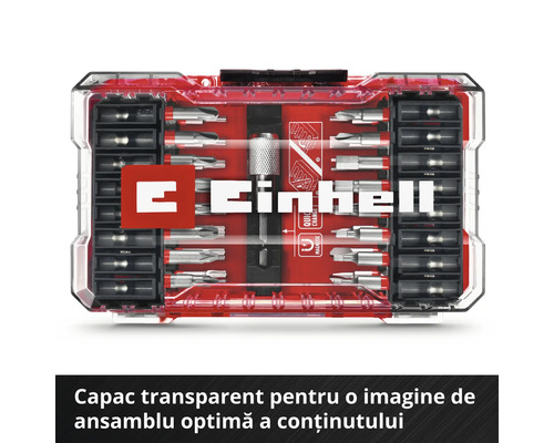 Logo Einhell. Set de biți cu diferite vârfuri de șurubelniță și suport magnetic pentru biți în cutie de depozitare
