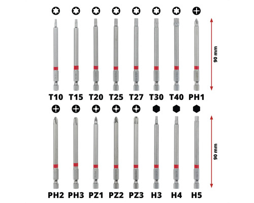 Set de 16 biți de șurubelniță, lungime 90 milimetri, profile diferite