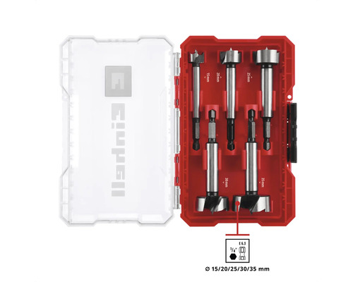 Sigla Einhell. Set de burghie Forstner cu diametre de 15, 20, 25, 30 și 35 milimetri în cutie roșie.