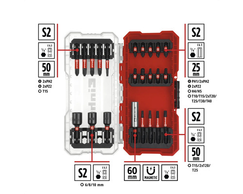 Set de biți Einhell în cutie deschisă cu diverși biți și suport magnetic pentru biți