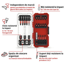 Un set de burghie cu impact și biți de șurubelniță într-o cutie de depozitare roșie și transparentă.