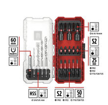 Set de burghie și biți Einhell în cutie de plastic roșie cu burghie, biți și suport magnetic pentru biți