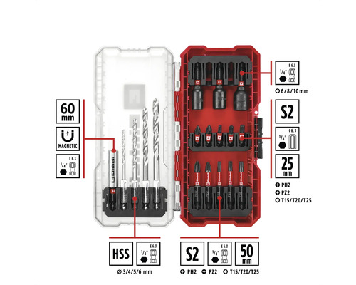 Set de burghie și biți Einhell în cutie de plastic roșie cu burghie, biți și suport magnetic pentru biți