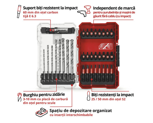 Set de burghie și biți cu diverse dimensiuni de burghie și forme de biți într-o cutie de depozitare transparentă și roșie