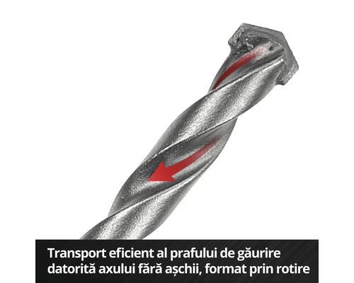 Burghiu cu spirală și săgeată roșie pentru ilustrarea evacuării prafului de găurire