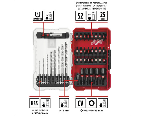 Set de burghie și biți Einhell cu burghie, biți și suport magnetic pentru biți într-o cutie transparentă și roșie