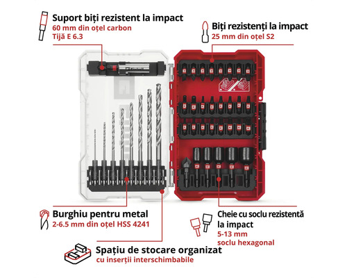 Un set de burghie și biți din oțel într-o cutie de depozitare roșie.