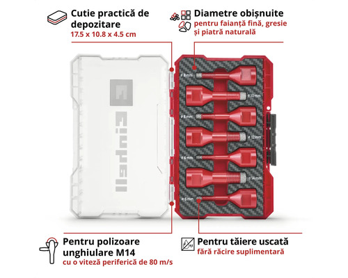 Set de carote diamantate cu diametre diferite în cutie de depozitare