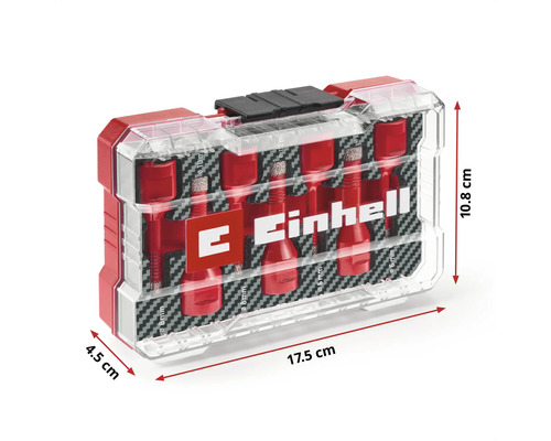 Set de burghie pentru faianță Einhell în cutie de depozitare cu informații despre dimensiuni
