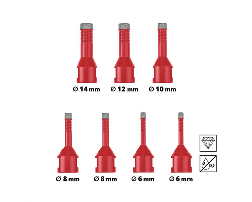 Set de șapte carote diamantate în diferite dimensiuni