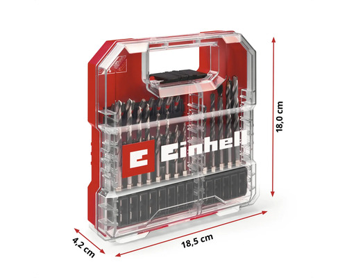 Set de burghie cu logo Einhell, cu lățimea de 18,5 cm, adâncimea de 4,2 cm și înălțimea de 18,0 cm