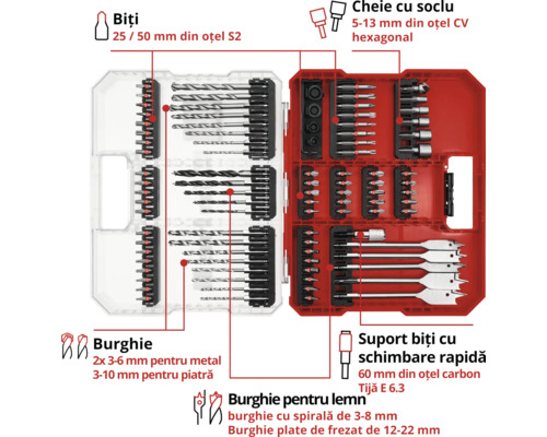 Set de burghie și biți cu burghie de metal, burghie de piatră, burghie de lemn, biți, cheie tubulară, suport de biți și carcasă