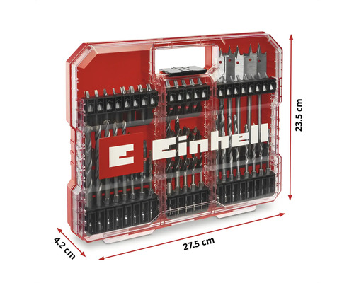 Set de burghie și biți Einhell în cutie de plastic cu indicații de dimensiuni.