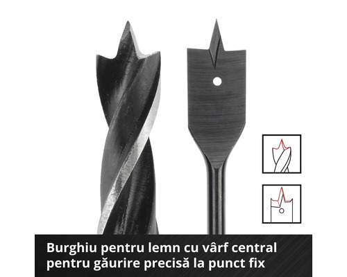 Burghiu pentru lemn cu vârf central pentru găurire precisă la punctul fix