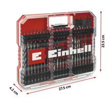 Set de burghie și biți Einhell în cutie de scule cu dimensiuni indicate