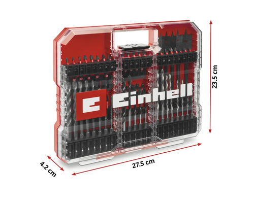 Set de burghie și biți Einhell în cutie de scule cu dimensiuni indicate