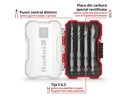 Set de burghie pentru faianță Einhell în cutie deschisă cu patru burghie