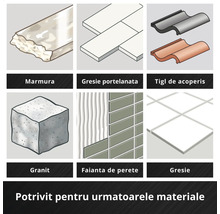 Potrivit pentru următoarele materiale: marmură, gresie porțelanată, țiglă de acoperiș, granit, faianță de perete, gresie