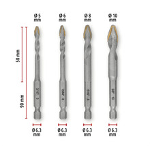 Patru burghie pentru sticlă cu diametre de 5 mm, 6 mm, 8 mm și 10 mm