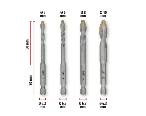 Patru burghie pentru sticlă cu diametre de 5 mm, 6 mm, 8 mm și 10 mm