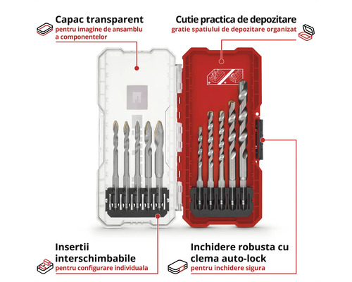 Set de burghie în cutie de depozitare transparentă și roșie