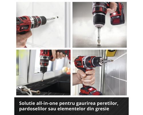 Mașină de găurit și înșurubat cu acumulator Einhell utilizată la găurirea faianței și a pereților